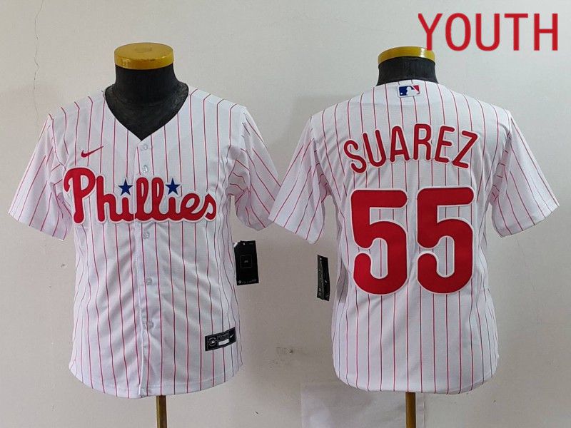 Youth Philadelphia Phillies #55 Suarez White stripe Nike Game 2024 MLB Jersey style 1->youth mlb jersey->Youth Jersey